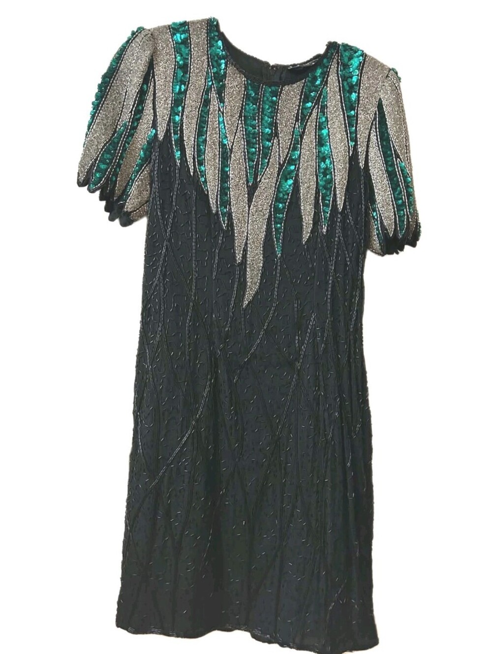 VTG 80 Royal Feelings Silk Beaded Dress Sequin Peacock Art Deco Cocktail Size 8P